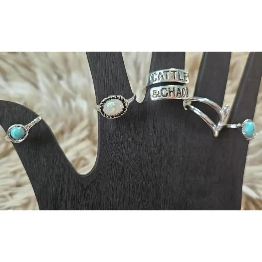 Set of‎ Five Women's Silver Tone Rings with Turquoise and Opal Stones Brand New